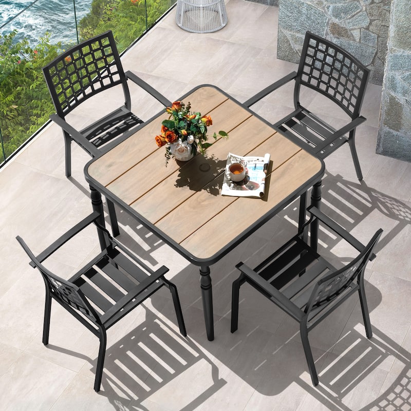 5-Piece Metal Outdoor Dining Set with Wood-Grain Tabletop and Umbrella Hole