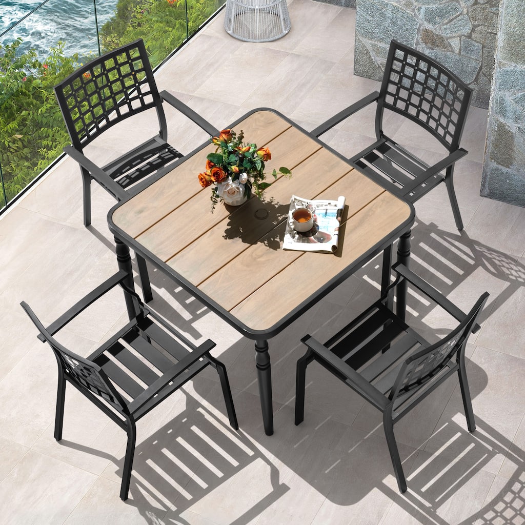 5-Piece Metal Outdoor Dining Set with Wood-Grain Tabletop and Umbrella Hole