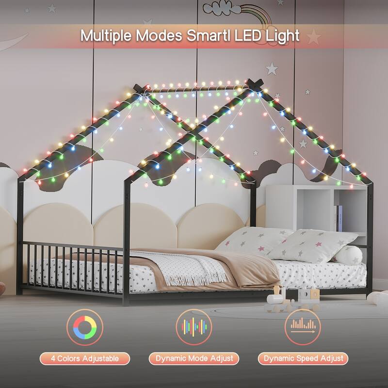 House-shaped Bed Frame, Toddler Kid Iron Floor Bed with House Roof Frame and LED Light Strips, House Daybed