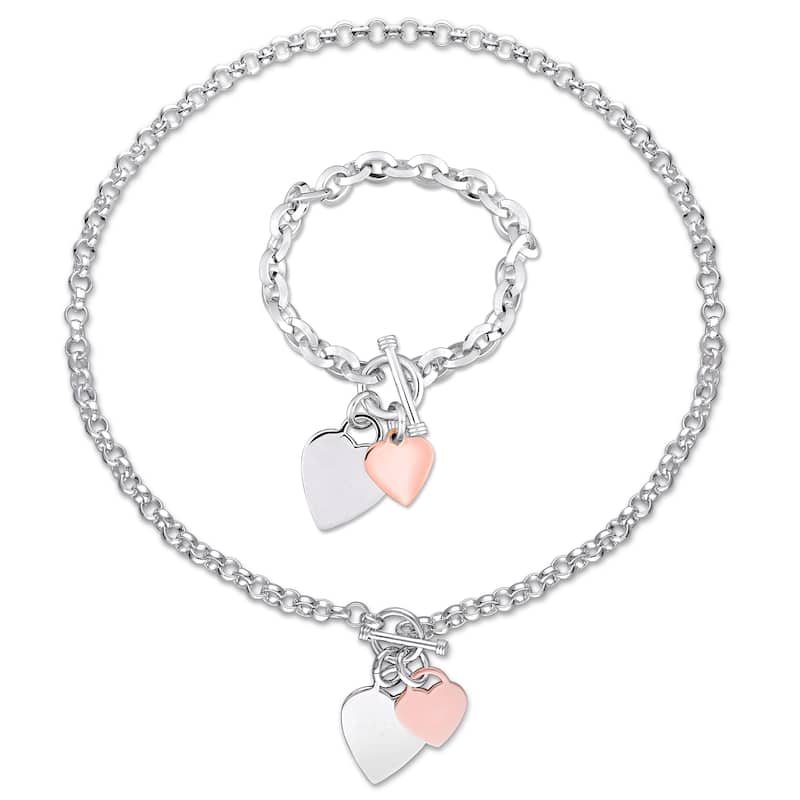 Miadora 2-Tone White and Rose Plated Sterling Silver Heart Charm Necklace and Bracelet 2-Pc Set