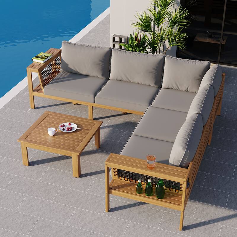 4 Pieces Outdoor Patio Conversation Sofa Set, Acacia Wood L Shaped Sectional Sofa with Coffee Table and Woven Mesh Armrests