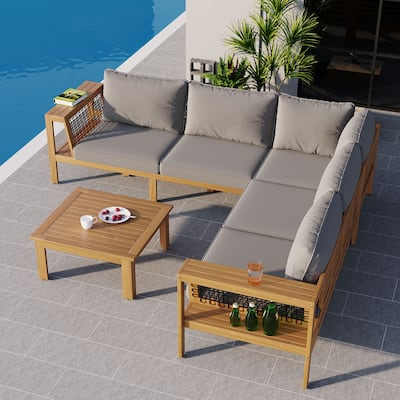 L-Shaped Sectional Sofa Set Acacia Wood Sofa Set with Side Storage and Coffee Table Outdoor Conversation Set, 4 Pieces