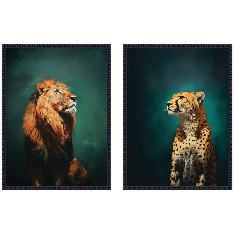 Kate and Laurel Twlight Lion and Cheetah 2 Piece Framed Canvas Wall Art Set by The Creative Bunch Studio - 2 Piece Set 18x24 - Black