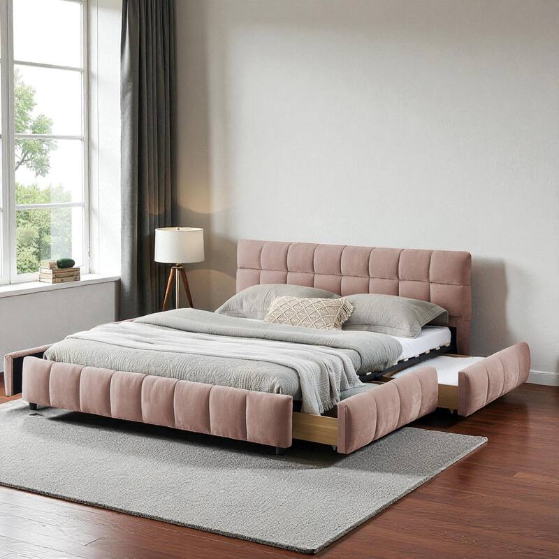 Queen Upholstered Platform Bed with Chenille Fabric, Soft Headboard & Underbed Storage Drawer, Solid Bed Frame