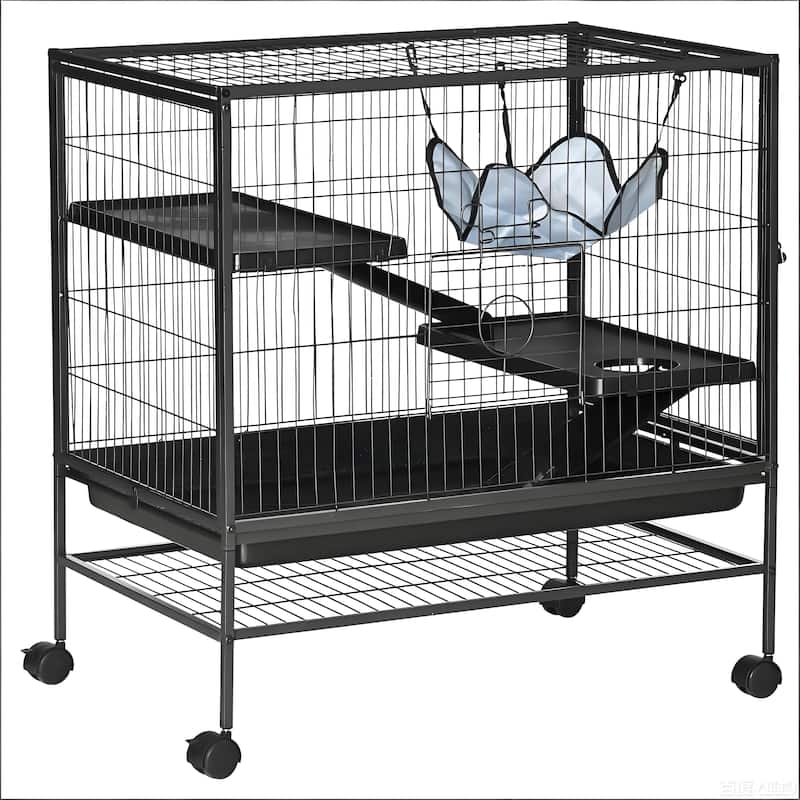Pet House,Small Animal Hutch Cage,Small Pet Hutch with Wheels is designed for convenient cleaning - Black,Silver