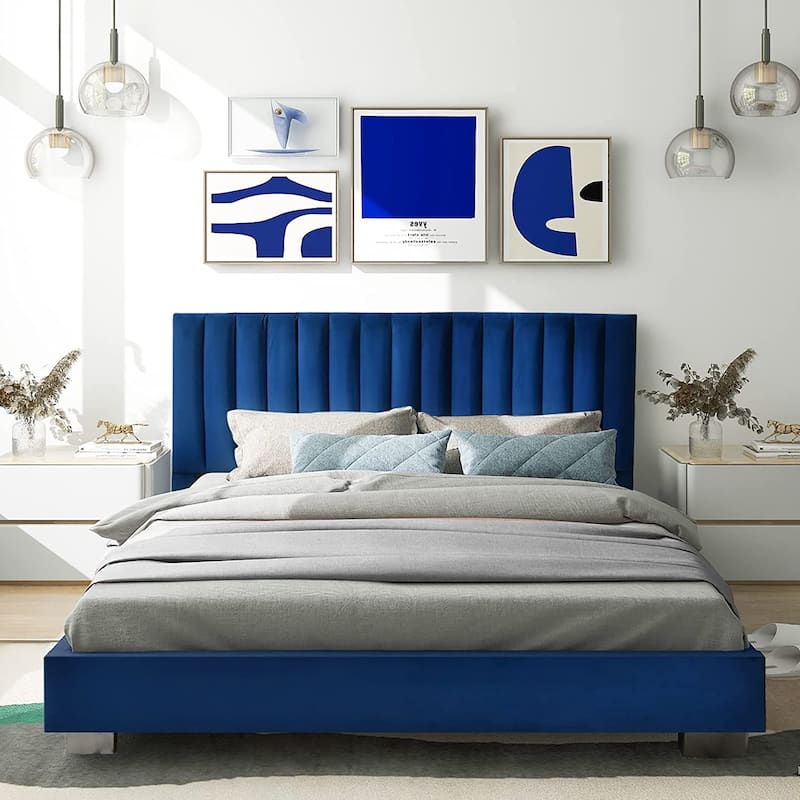 Costway Upholstered Bed Frame Full Size Modern Platform Bed with - Navy Blue