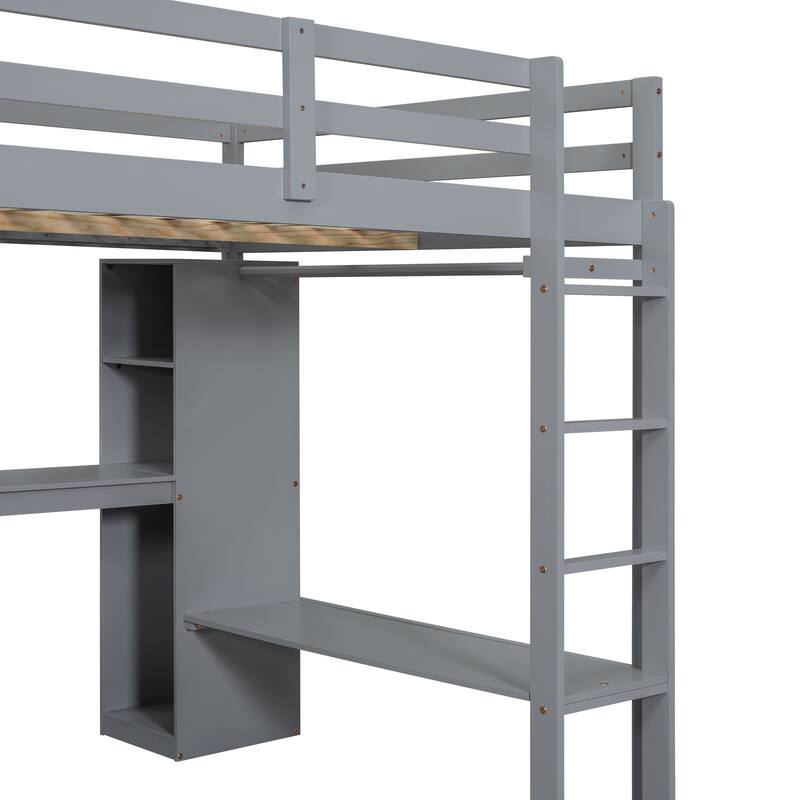 Grey Full Size Solid Wood Loft Bed with L-shaped Desk & Storage
