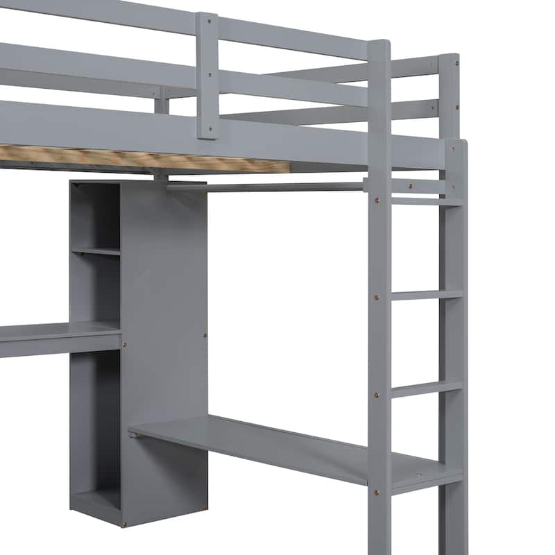 Grey Full Size Solid Wood Loft Bed with L-shaped Desk and Storage Shelves