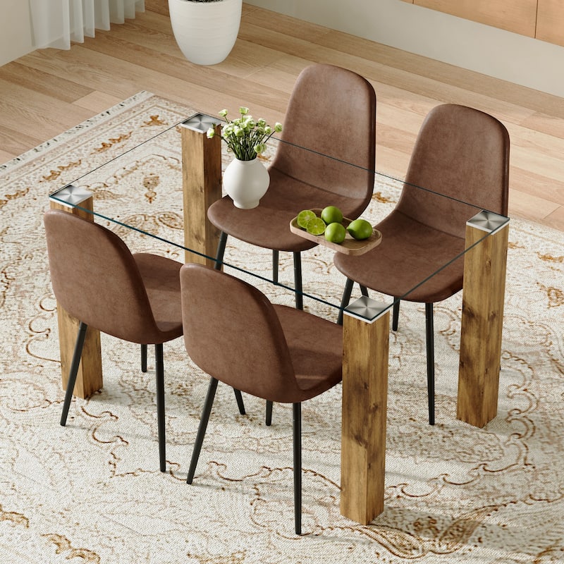 Glass Dining Table Set for 4, 5-Piece Rectangular Glass Kitchen Table Set with 4 Upholstered Dining Chairs for Small Spaces - Brown+Black,Transparent,Wood