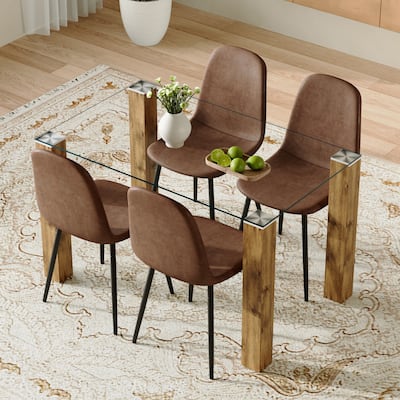 Glass Dining Table Set for 4, 5-Piece Rectangular Glass Kitchen Table Set with 4 Upholstered Dining Chairs for Small Spaces