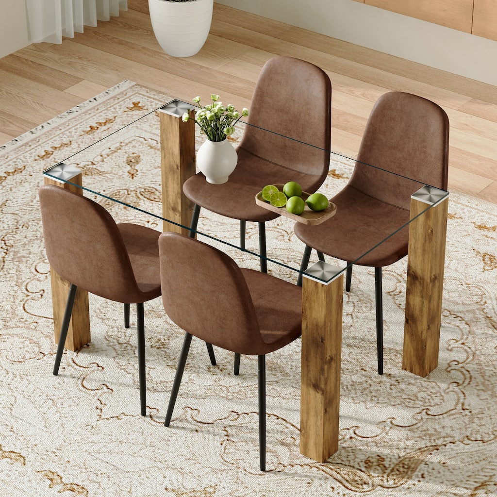 Glass Dining Table Set for 4, 5-Piece Rectangular Glass Kitchen Table Set with 4 Upholstered Dining Chairs for Small Spaces