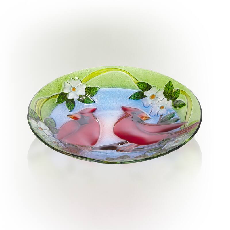 Alpine Corporation 18" Round Outdoor Birdbath Bowl Topper with Painted Red Cardinal and Floral Design