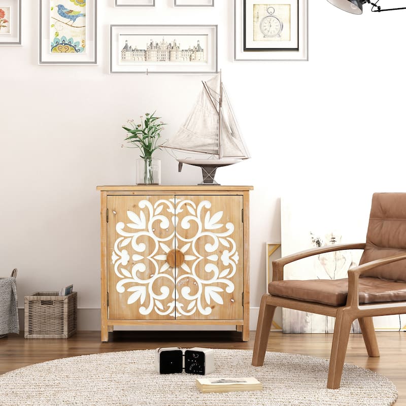 Rustic Wooden Accent Cabinet with Floral Carved Doors, 2 - Door Storage Cabinet for Living Room, Entryway, Dining Room