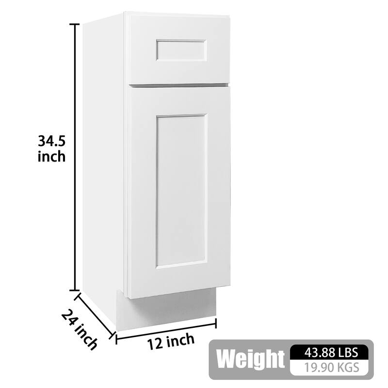 12 inch Narrow White Shaker Base Cabinet,Soft-Close Drawer and Door, Solid Wood RTA with Adjustable Shelf for Kitchen, Bath
