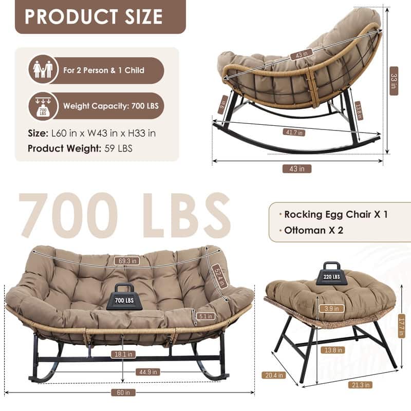 FINCATI Outdoor Double Papasan Chair, Oversized Patio Rocking Chair, 700 lbs Indoor Wicker Rocking Chair for Two