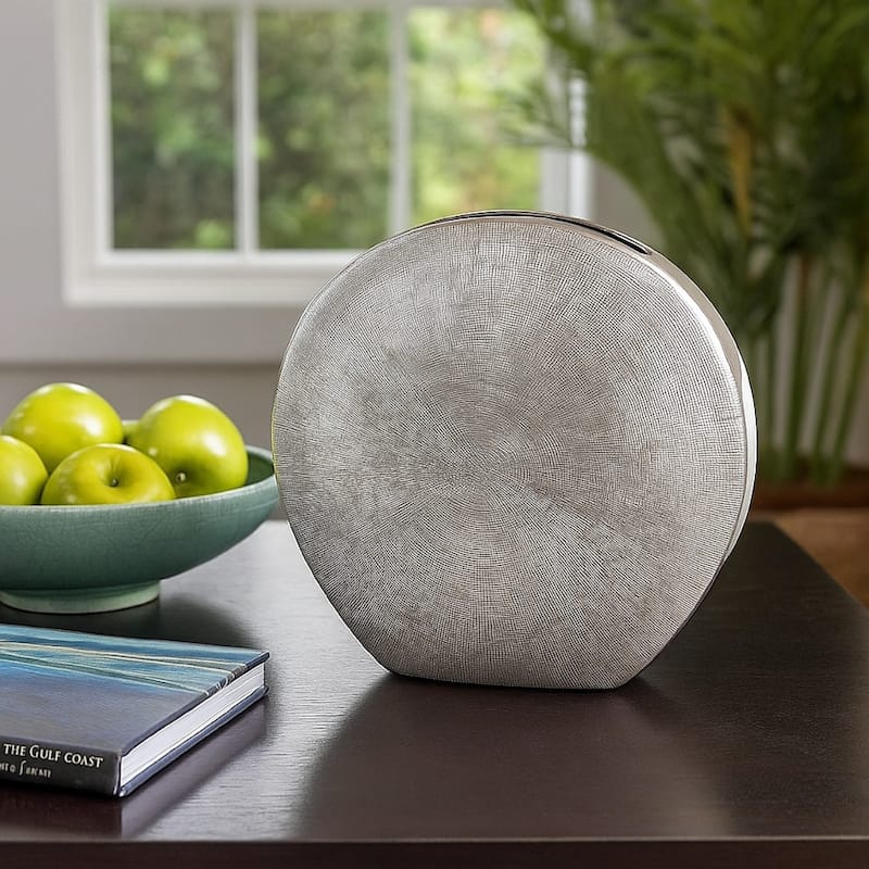 Harvey Accent Vase, Metallic Texture, Flat Round Gray Ceramic 15 Inch