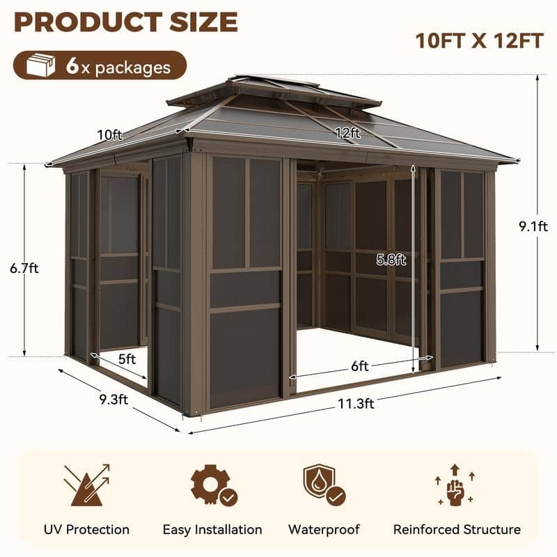 EROMMY Sunroom Gazebo with Double Roof, Adjustable Windows & Lockable Sliding Doors for Patio, Garden, and Backyard