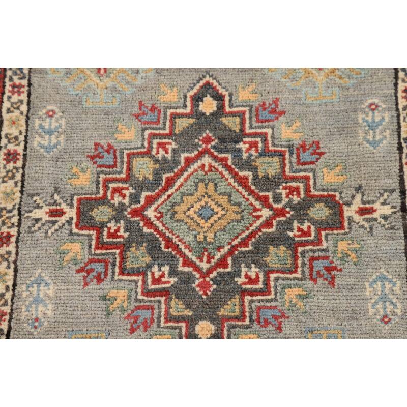Geometric Kazak Oriental Runner Rug Hand-Knotted Grey Wool Carpet - 2'3" x 5'11"