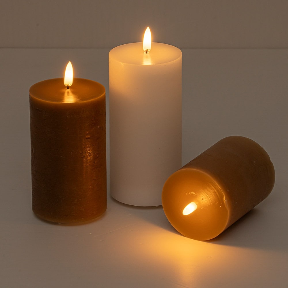 CraftHome Set of 3 USB-C Rechargeable Flameless Pillar Candles in Real Wax with Remote and Timer, Cream White & Brown - H7''