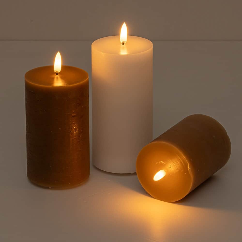 CraftHome Set of 3 USB-C Rechargeable Flameless Pillar Candles in Real Wax with Remote and Timer, Cream White & Brown - H7''