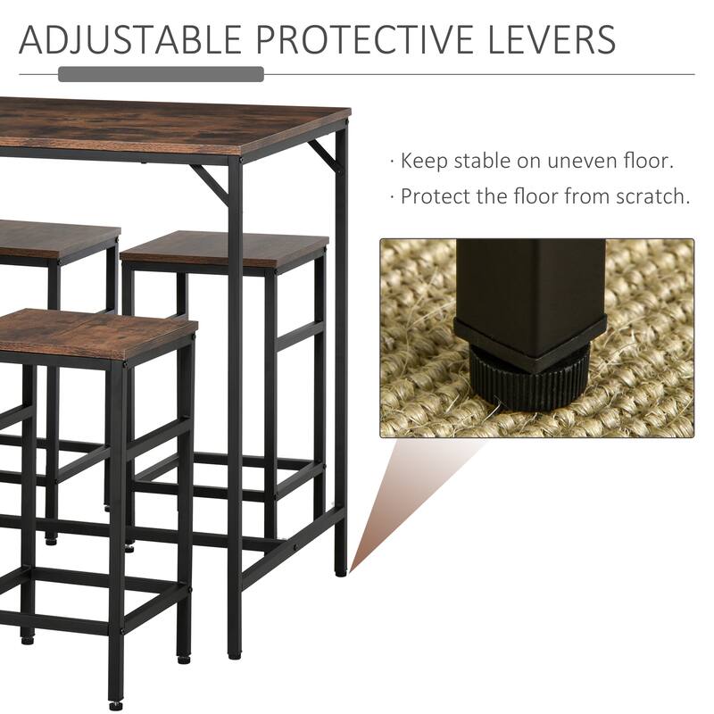 5-Piece Rustic Wood Table Bar Set with Footrest and Black Steel Frame for Home Kitchen or Dining