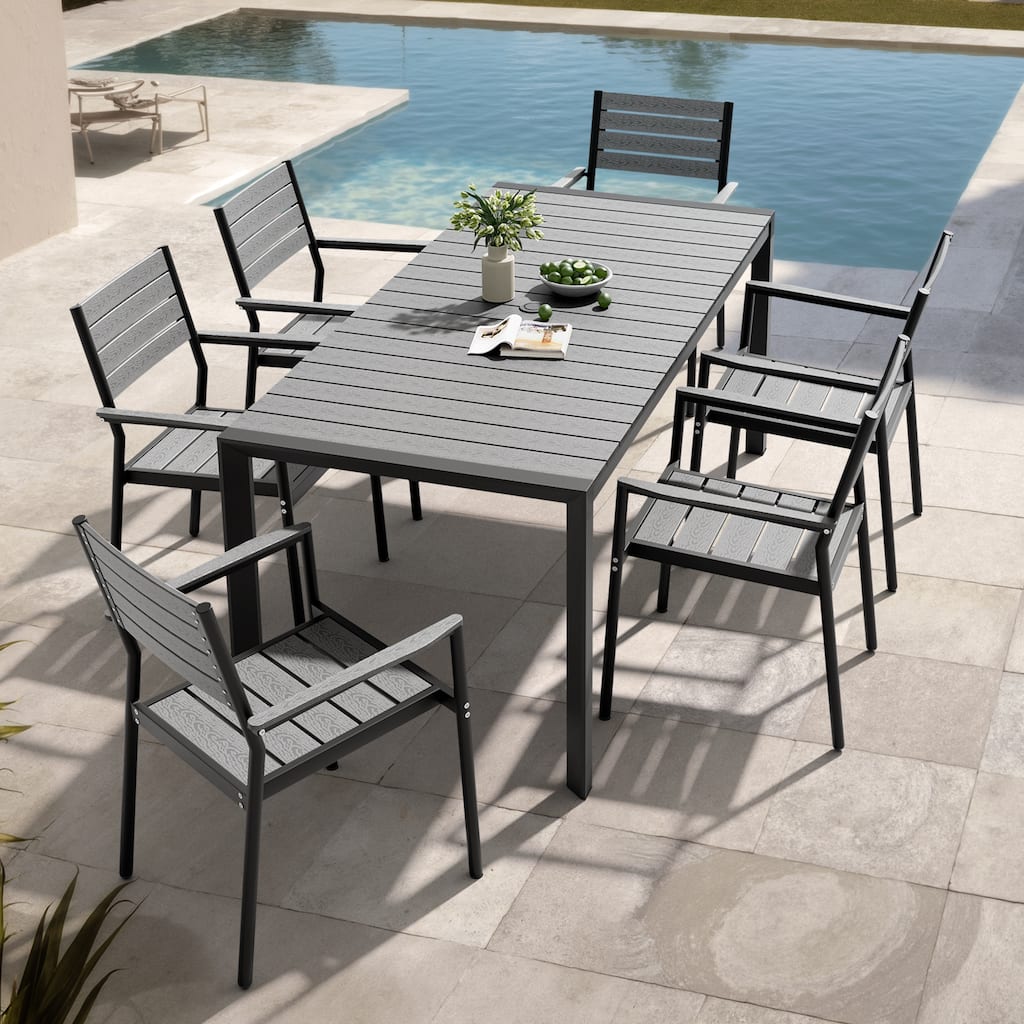 Set of 7 Outdoor Patio Dining Set WoodLike Table Top Aluminum Rectangular Umbrella Hole Table with Stackable Dining Chairs