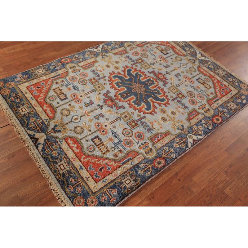 Light Blue Geometric Kazak Oriental Rug Handmade Wool Carpet - 4'0"x 5'9"