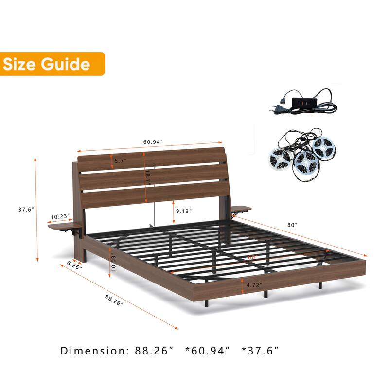 Floating Bed Frame Queen with Led Lights and Charging Station, Wood Queen Size Bed Frame with Storage Headboard