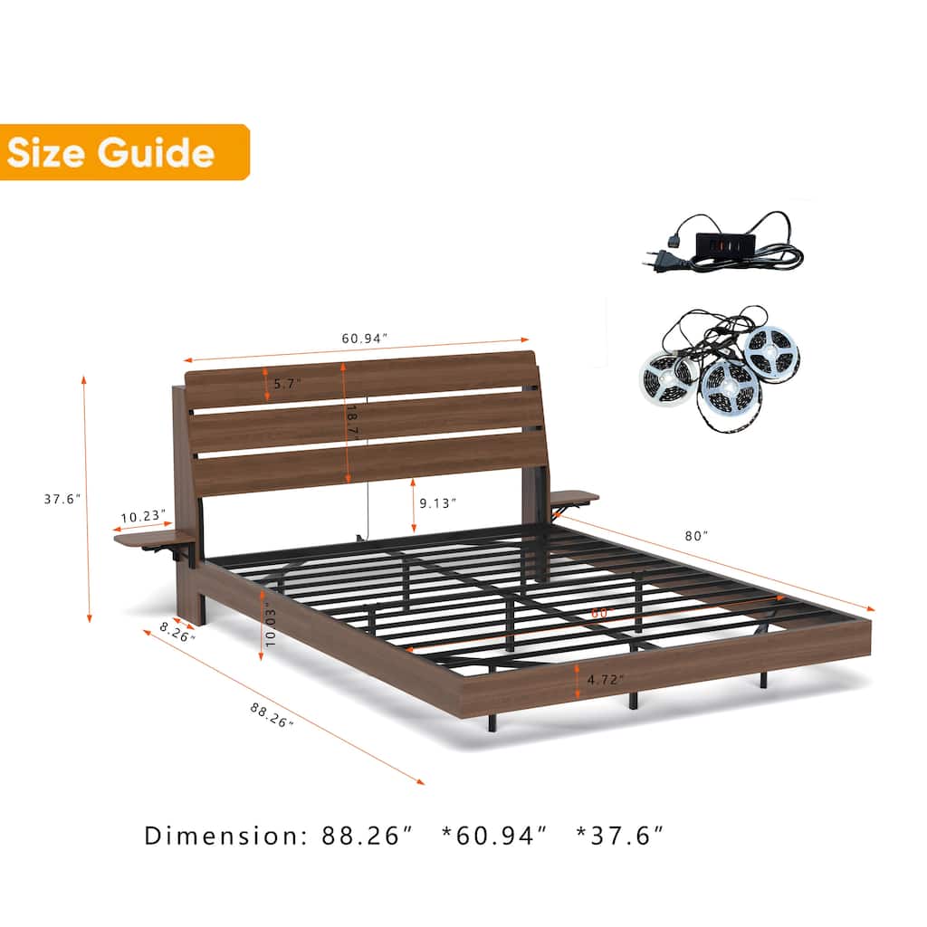 Queen Floating Bed Frame Platform Bed with Led Lights/Charging Station/Storage Headboard/Foldable Desktop/Heavy Duty Metal Slats