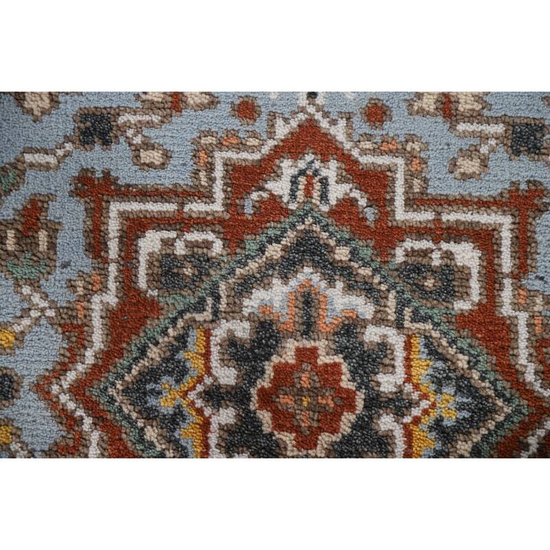 Light Blue Geometric Heriz Indian Area Rug Handmade Wool Carpet - 3'2"x 4'11"