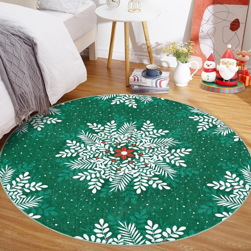 Christmas Snowflake Washable Area Rug, Floor Carpet for Holiday Decor, Green - 4*4ft