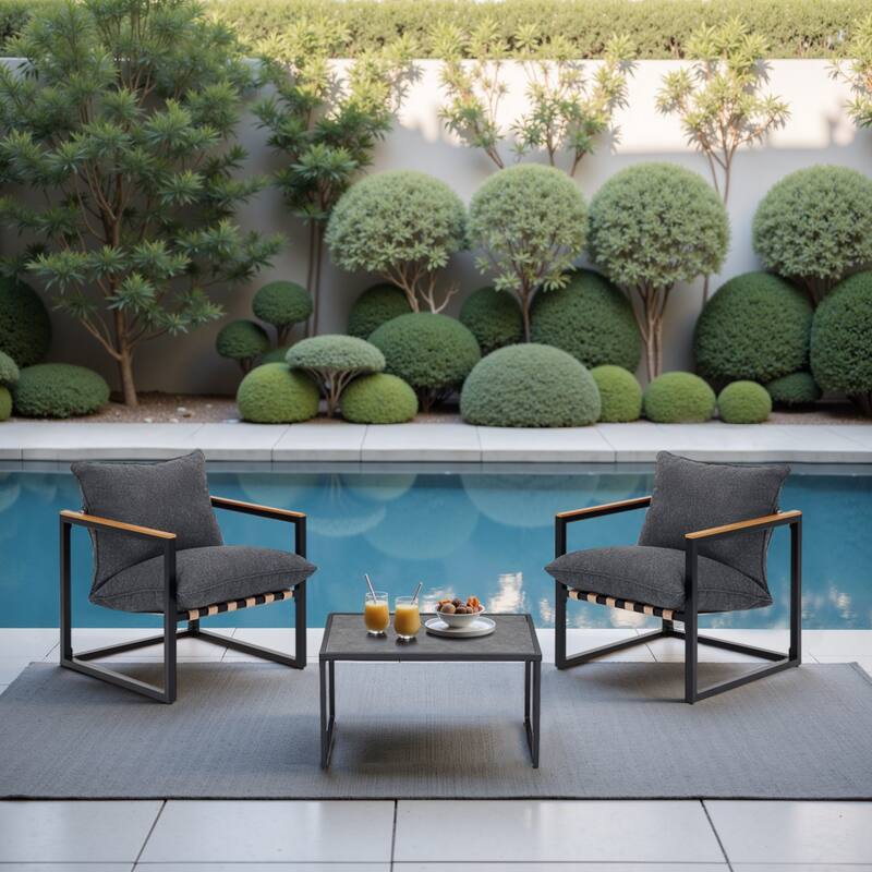 3 Piece Patio Bistro Set With Side table, All Weather Webbing Patio Conversation Set - Dark Grey-3 Set