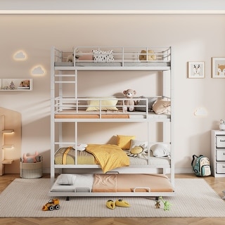 Metal Twin Size Triple Bunk Bed with Trundle, No Box Spring Needed