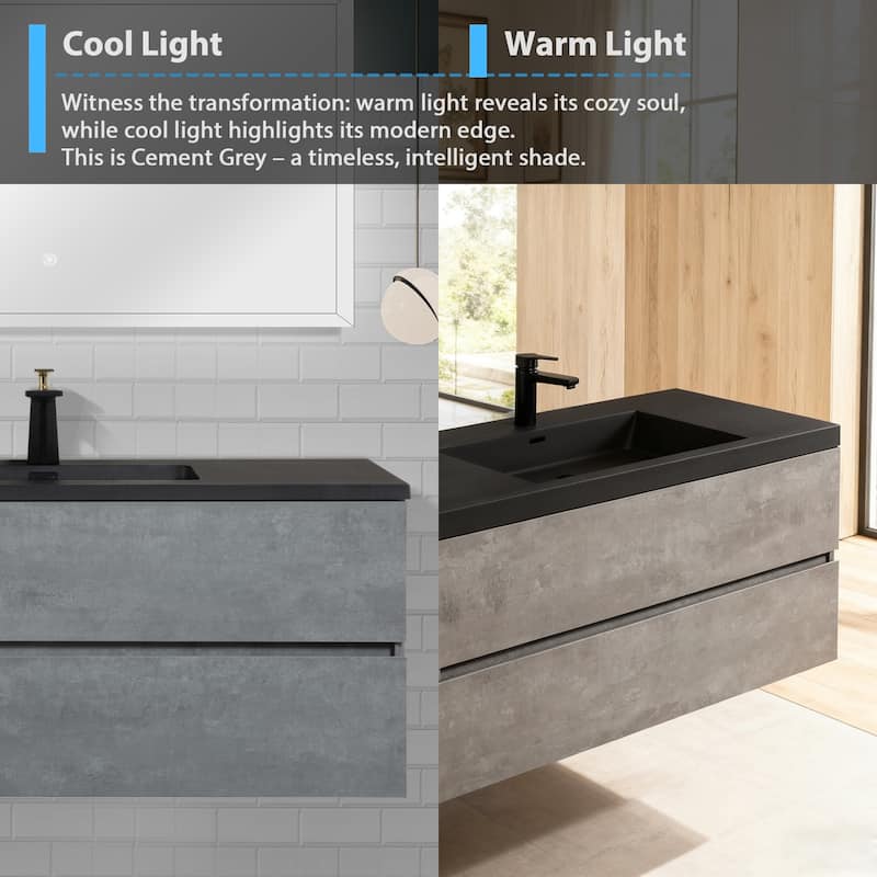 RupheonD 36" 48" Cement Grey Bathroom Vanity with Black Quartz Top