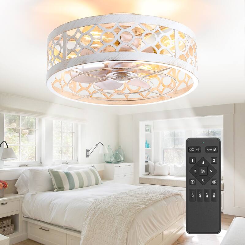 16.5in Vintage Distressed White Flush Mount Caged Ceiling Fan with Remote Light(7-Blade) - Style-3 - Remote