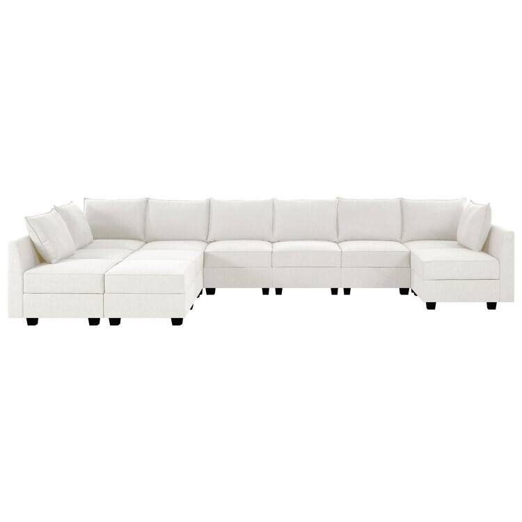 Modern Modular DIY Collection - Sturdy Wooden Frame - Versatile & Stylish Furniture for Living Room Bedroom - 9-Seater with Double Ottoman,White Down,Linen