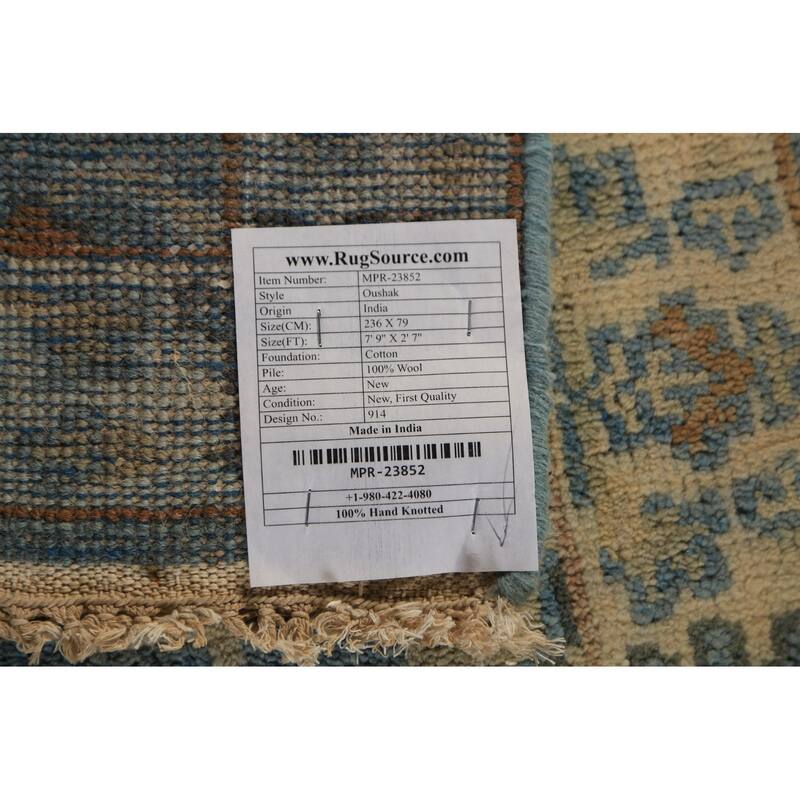 Blue Geometric Oushak Indian Runner Rug Hand-Knotted Wool Carpet - 2'7"x 7'9"