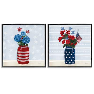Stupell Patriotic Stripes & Stars Florals Framed Giclee Art Design By Yvette St. Amant (Set of 2)