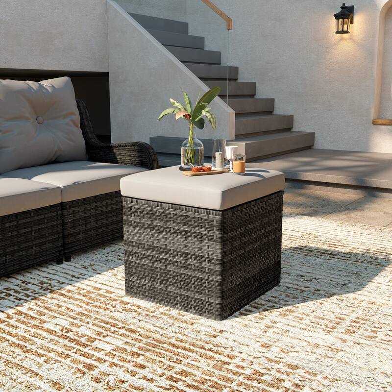 Outdoor Wicker Square Storage Ottoman with Plush Cushion