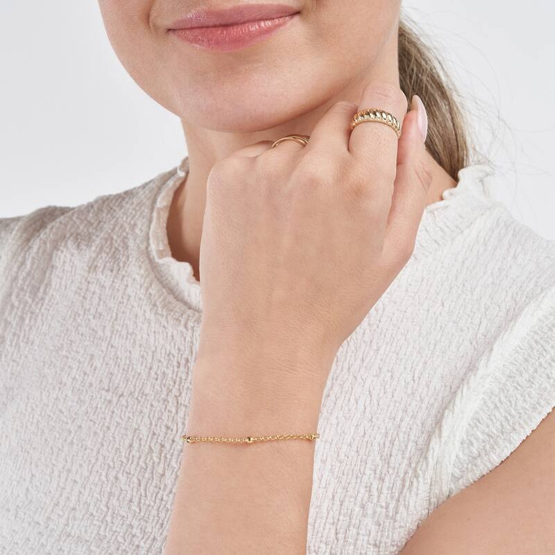 Curata 14k Yellow Gold 7.25" 3mm Sparkle Cut Bead Station Adjustable Bracelet