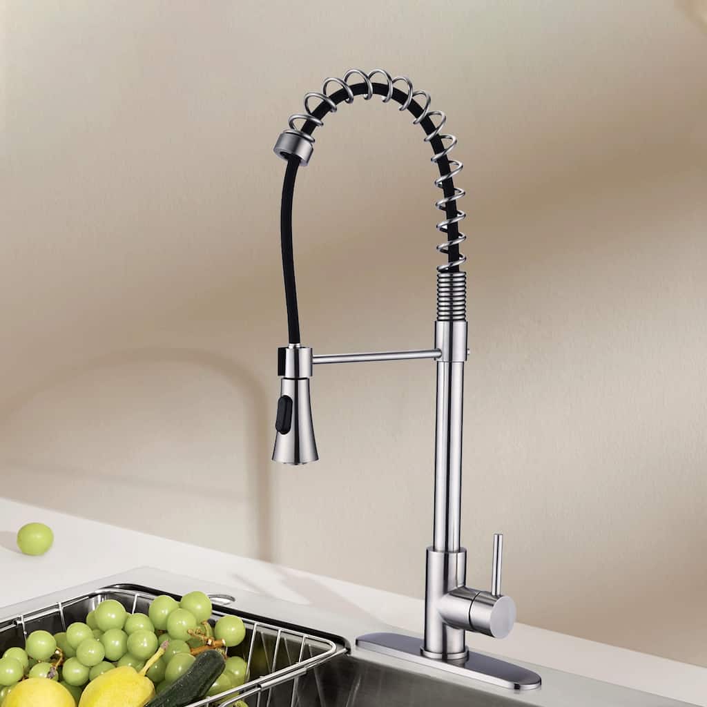 Topcraft Single Handle Pull Down Spring High Arc Kitchen Faucet with Base Plate