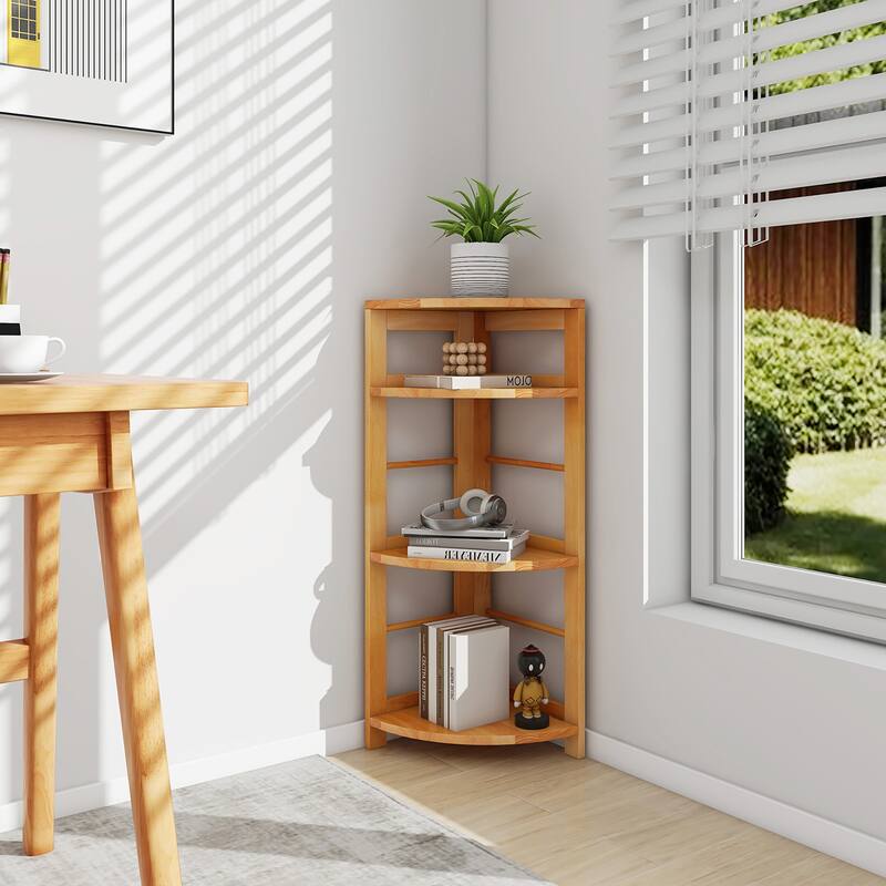 Gymax 2PCS 4-Tier Corner Shelf w/ Rubber Wood Frame Anti-Toppling Kit