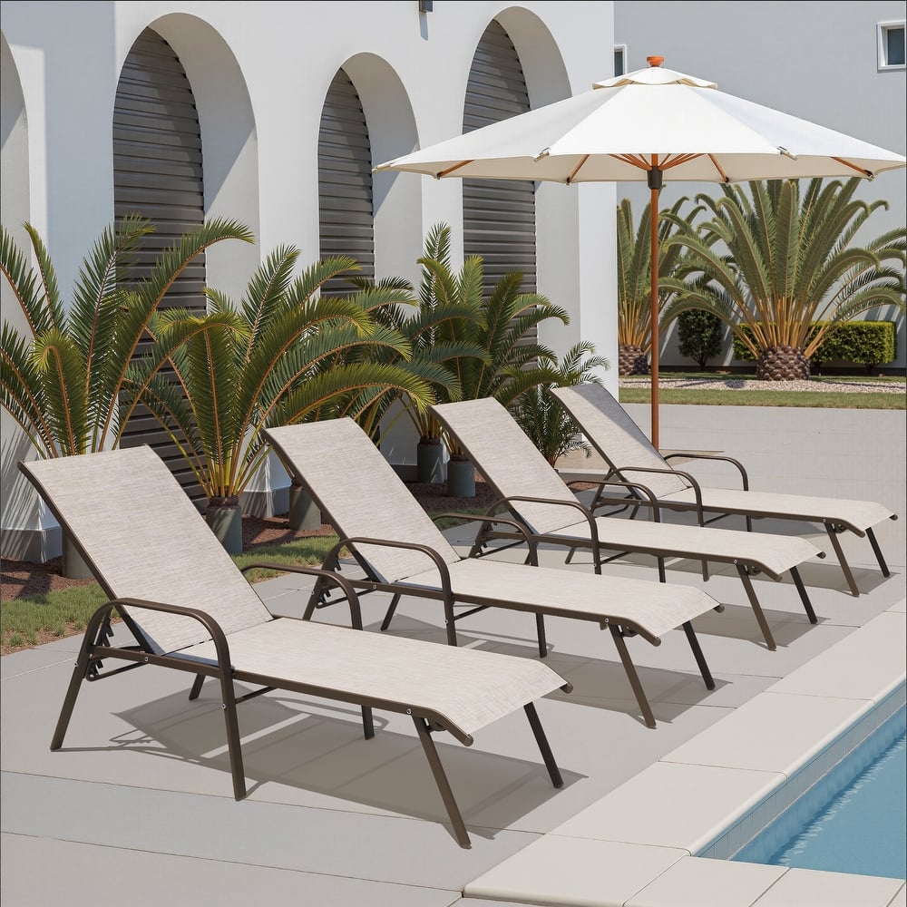 Set of 4 Outdoor Patio Adjustable Back Chaise Lounges Chairs with Arms