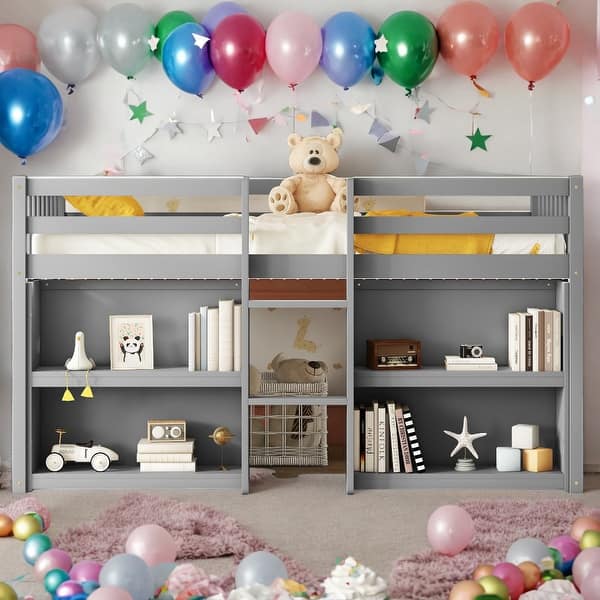 slide 2 of 16, Modern Twin Size Kid Low Loft Bed With Two-Tier Shelves And LED Light,Sturdy Construction Grey