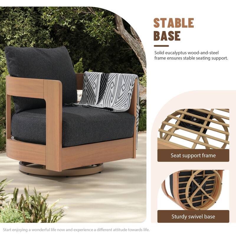 Outdoor 5-Piece Conversation Set Sofa and Swivel Chair with Coffee Table in Eucalyptus Wood