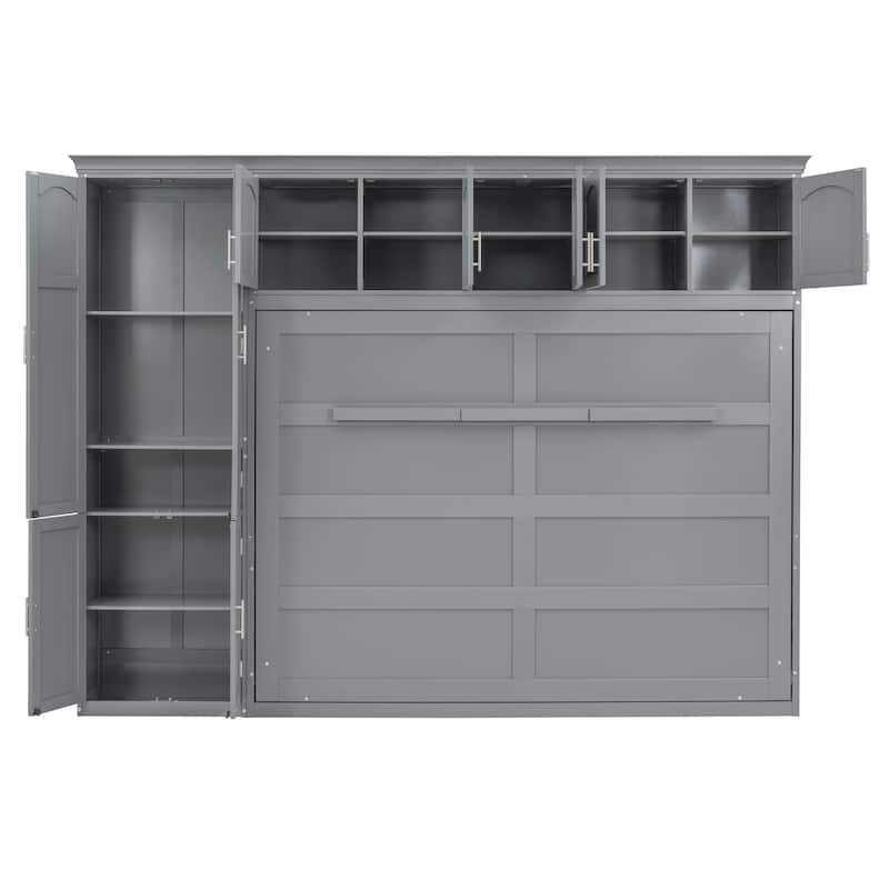 Space-Saving Queen Size Murphy Bed with Integrated Cabinets and Storage, Gray