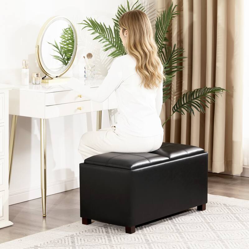 Adeco Rectangle Faux Leather Storage Ottoman with Dual Flip-Top Trays - 31.1"X15.4"X15.7