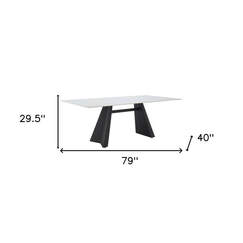 HomeRoots 79" White and Black Sintered Stone and Steel Double Pedestal Base Dining Table - 79.00 in. x 29.50 in. x 40.00 in.