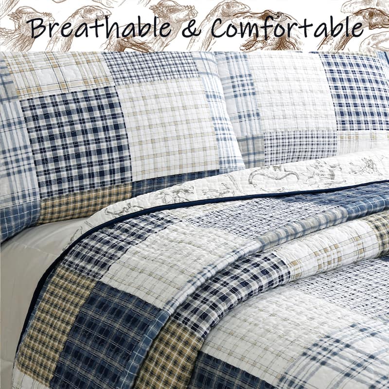 Cozy Line Benjamin Plaid Dinosaur Boy Cotton Quilt Bedding Set