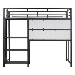 Black Platform Bed w/ Desk & Whiteboard, Metal Loft Bed w/ 3 Storage Shelves, Safety Guardrail&Ladder, Space-Saving, Noise Free